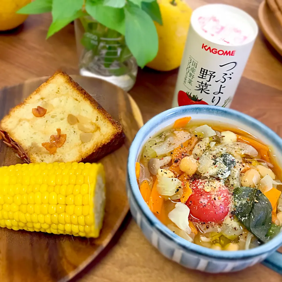 豆とバジルの食べる野菜スープ、メープルクロッカン、蒸しとうもろこし🌽|長谷川裕子さん