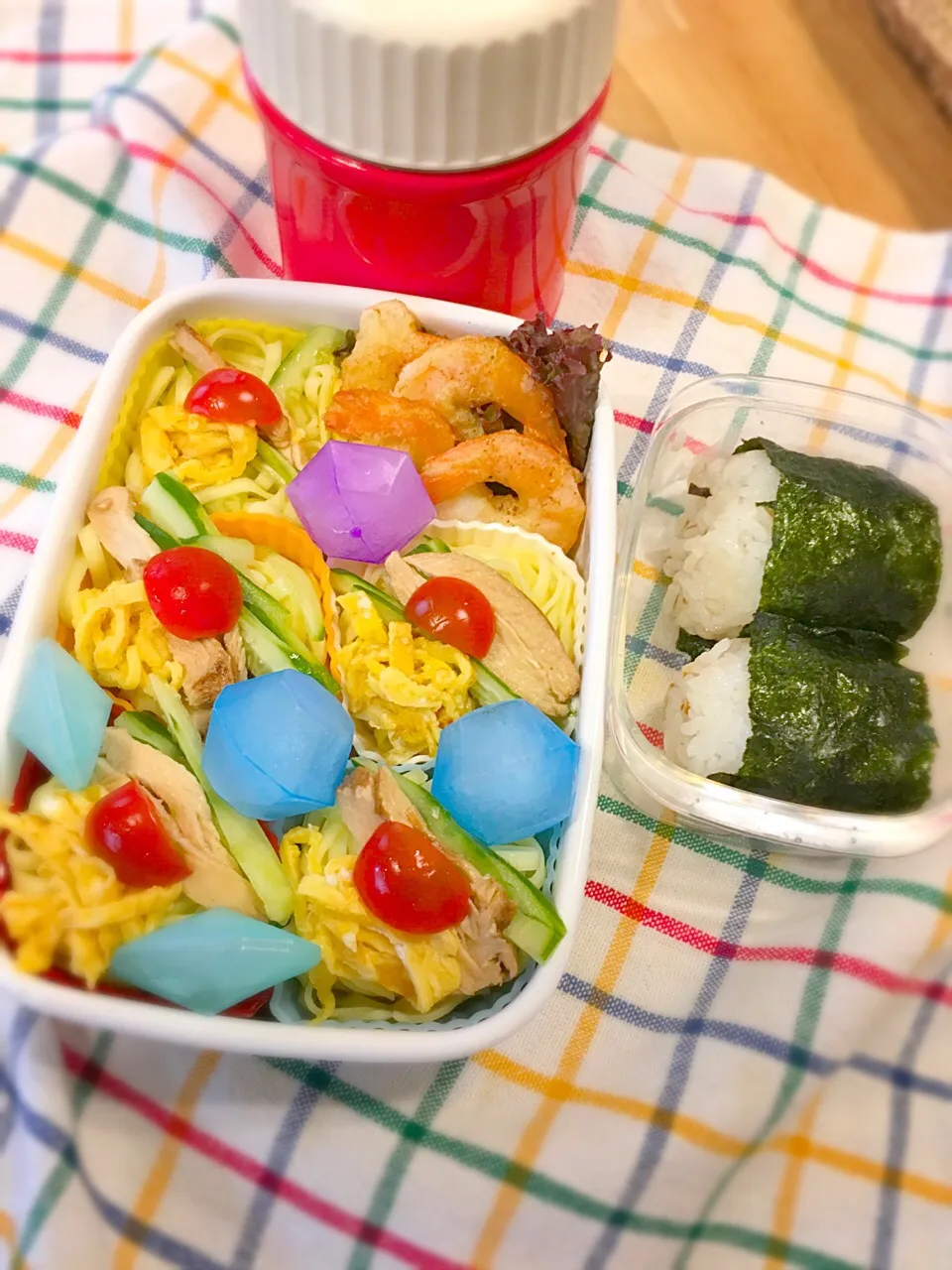 今日のパパ弁当は冷麺👍王将風海老天ぷら添えたよ💕|key♪さん