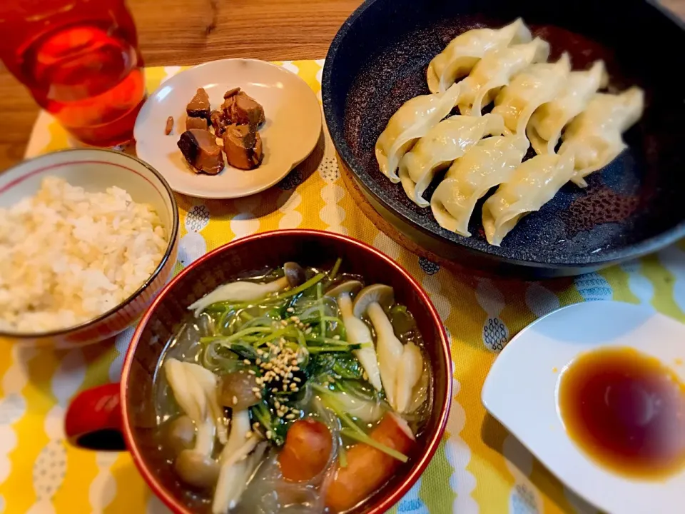 Snapdishの料理写真:餃子と春雨スープで
つまみボリュームご飯！|ゆたんさん