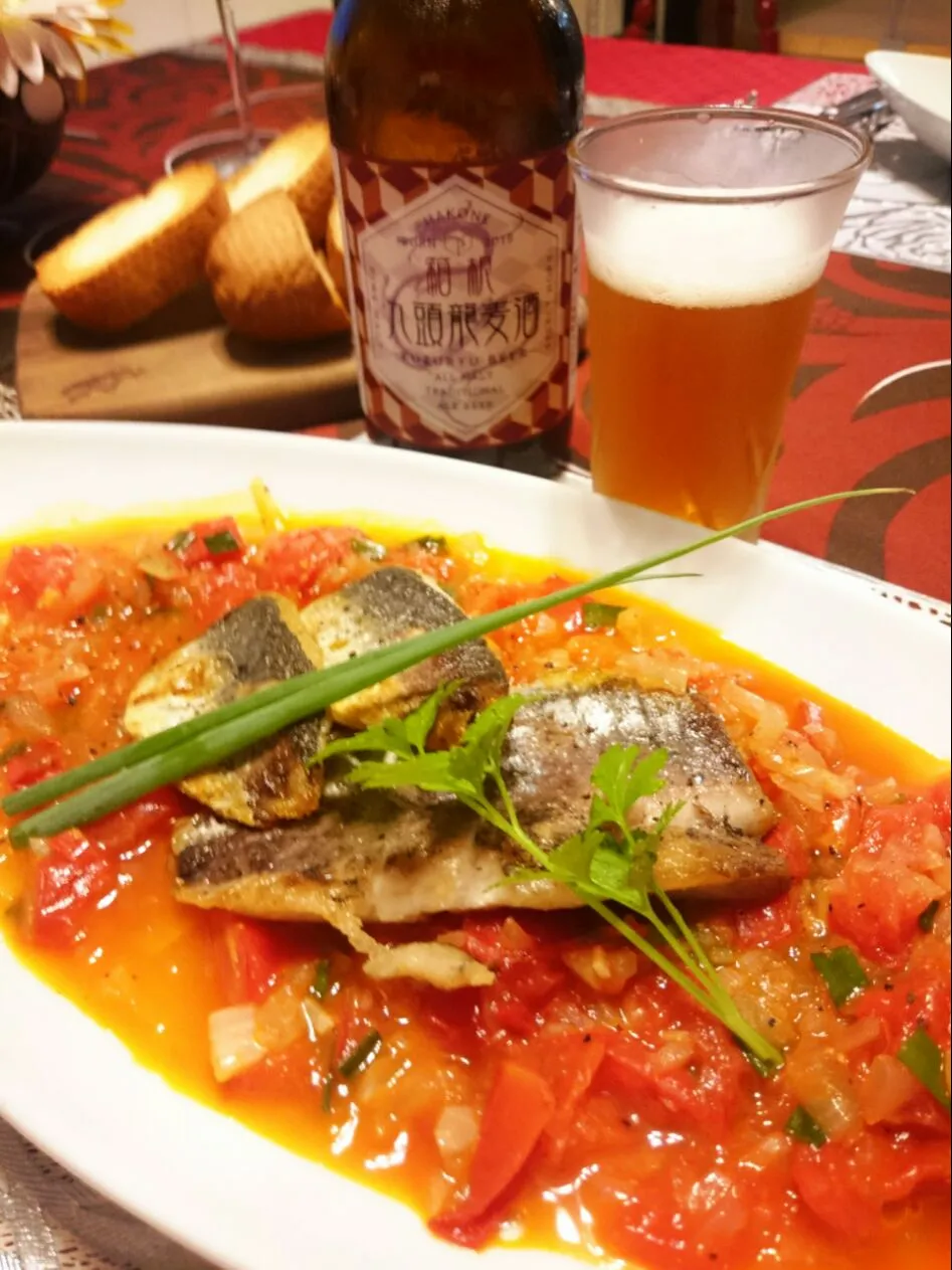 アジのオリーブオイル焼き🐟箱根の九頭竜麦酒で❗🍺😋|ナムナムさん