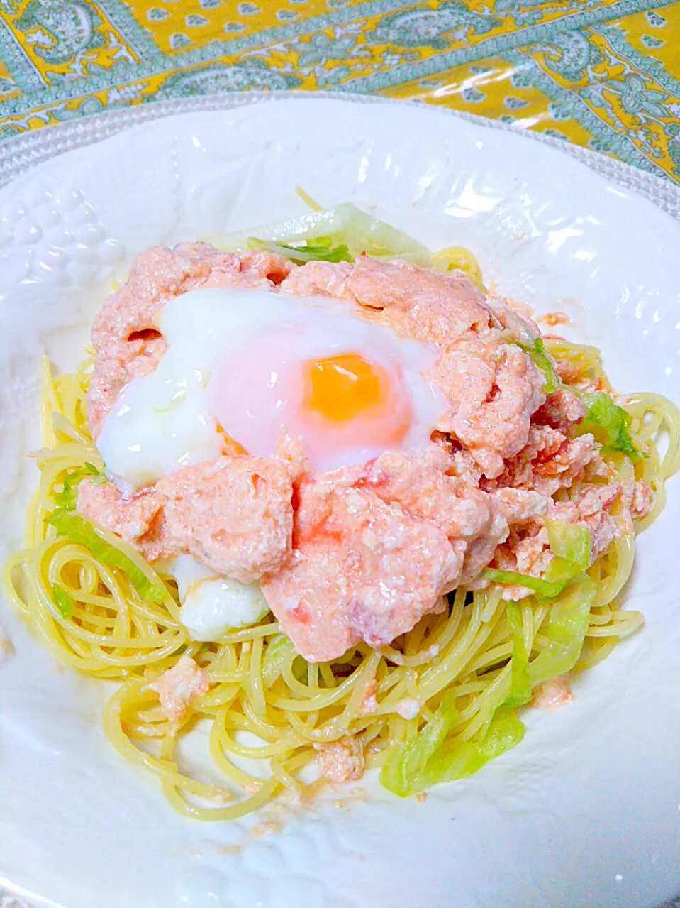 スクラムハーフさんの料理 豆腐とトマト缶で作ったシャーベットと一緒に食べる冷製パスタです。|スクラムハーフさん