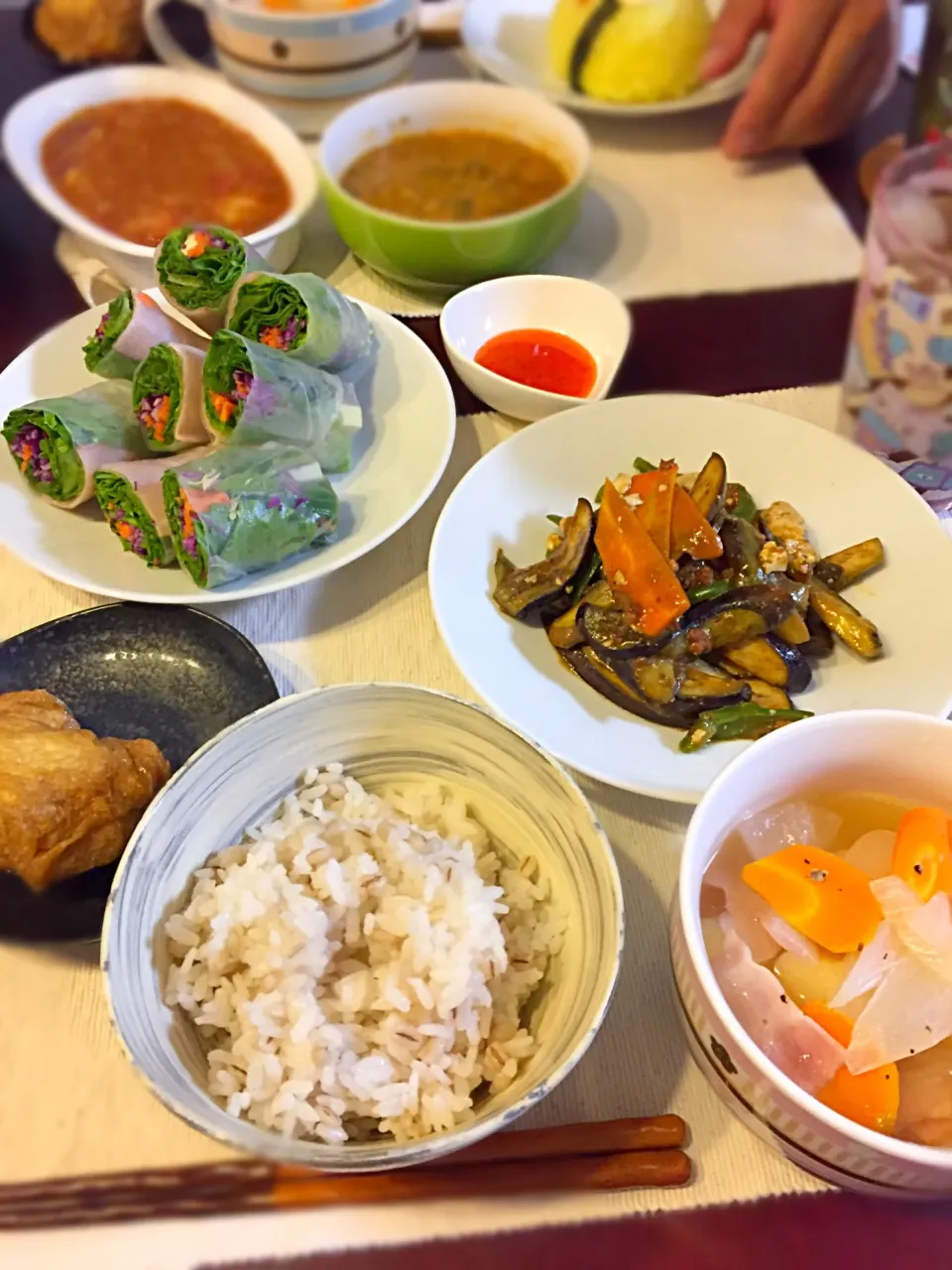 麻婆茄子＊ポトフ＊油あげのふわふわ煮＊カラフル生春巻きサラダ|みゆきさん