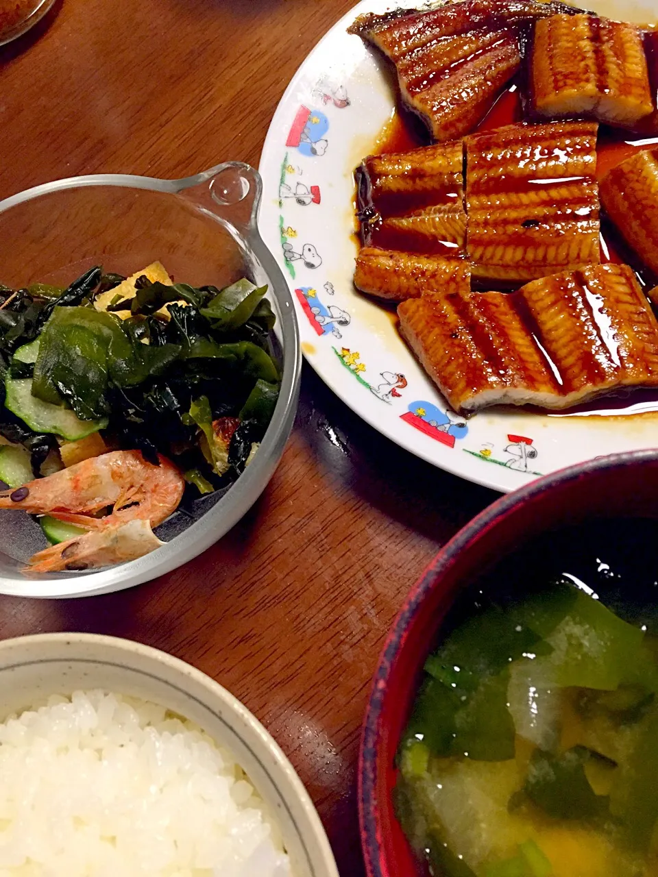 鰻の蒲焼き(生協)   冬瓜の味噌汁   酢の物|掛谷節子さん