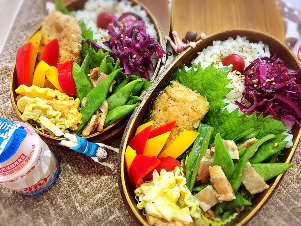 舞茸入りコーン🌽クリームコロッケ&モロッコインゲンとベーコン🥓のスパイス炒め&カラフルマカロニ玉子サラダ&しばわかめ&パプリカの夫婦お弁当♪

#弁当 #フチ子|桃実さん