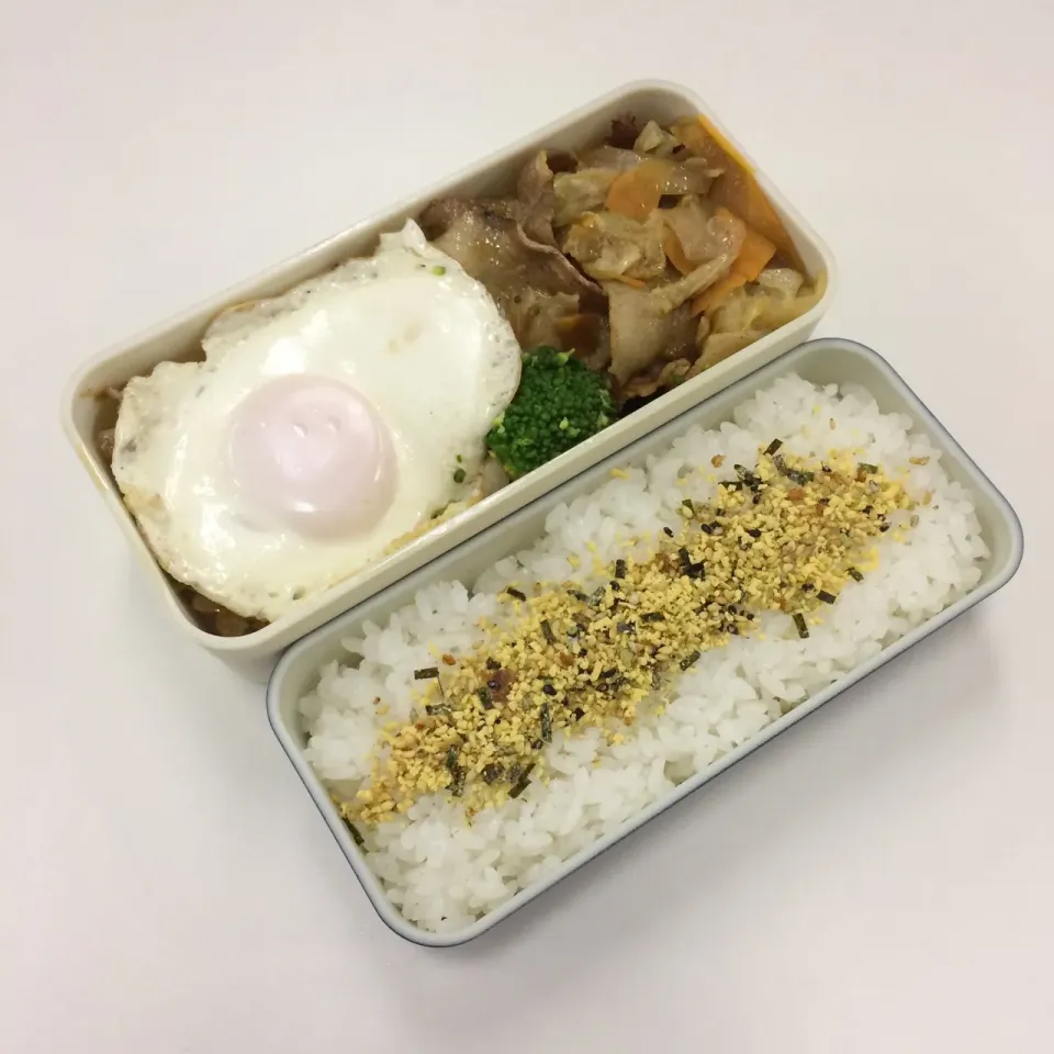 弁当（肉野菜炒め、目玉焼き、ブロッコリー、ふりかけ）|SasaMasa213さん