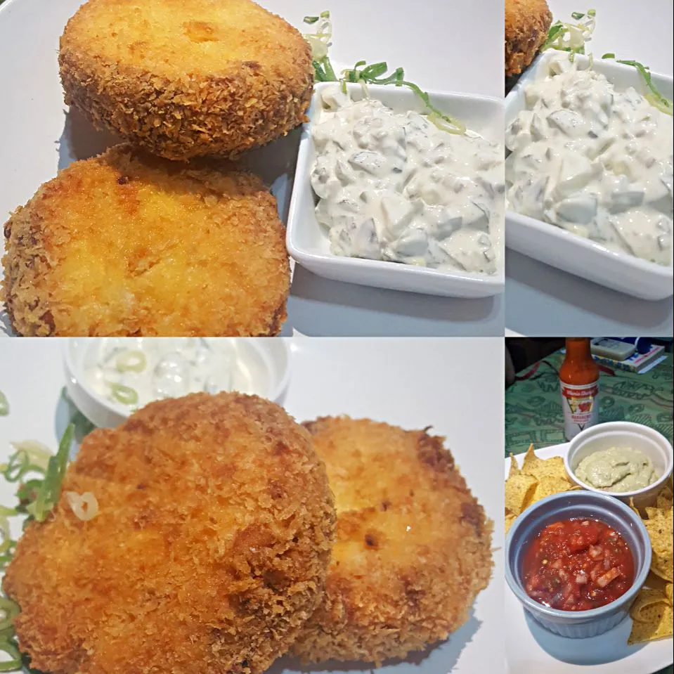 homemade Tofu & Yellowtail Fish Cakes with jalopeni Tartar Sauce 
Homemade Guacomole .Salsa sauce dip with Nachos|Emanuel Hayashiさん