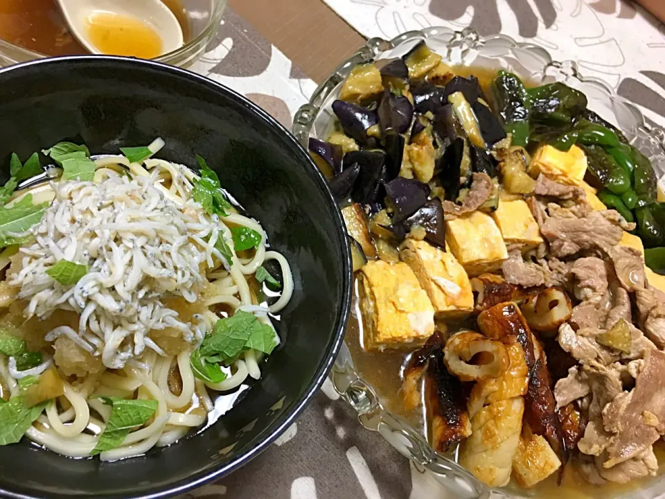 Snapdishの料理写真:ジャコおろしうどんに煮浸しトッピング！|KAYOさん