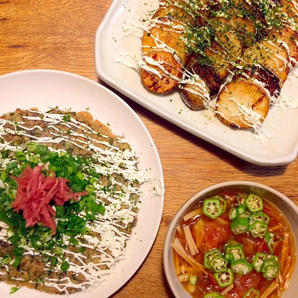 豆腐と蕎麦粉でケールのお好み焼き
長芋ステーキ
トマトとえのきの春雨スープ|makiko_aさん