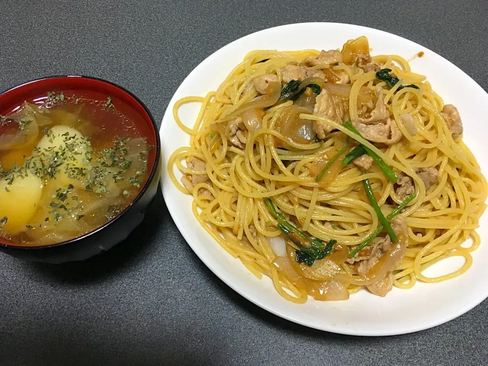 和風パスタとコンソメスープ|みなとさん