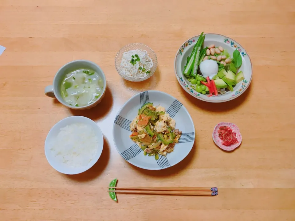 夕ごはん
ゴーヤチャンプル
野菜サラダ|ちゃみこさん