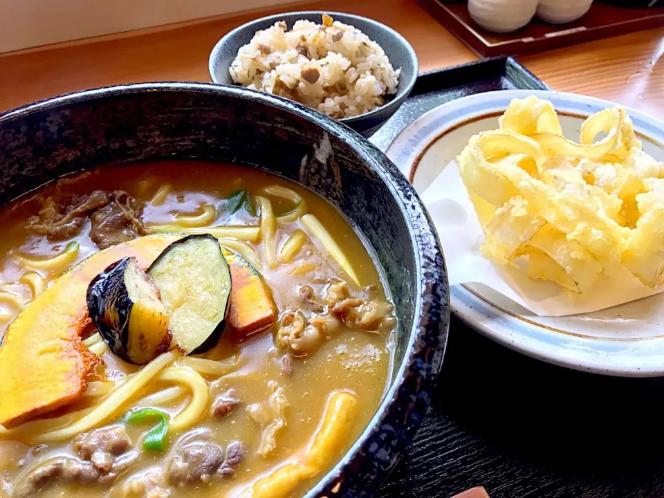 梵蔵カレーうどん、とりごぼう飯セット、ごぼう天かき揚げトッピング🐓|buhizouさん