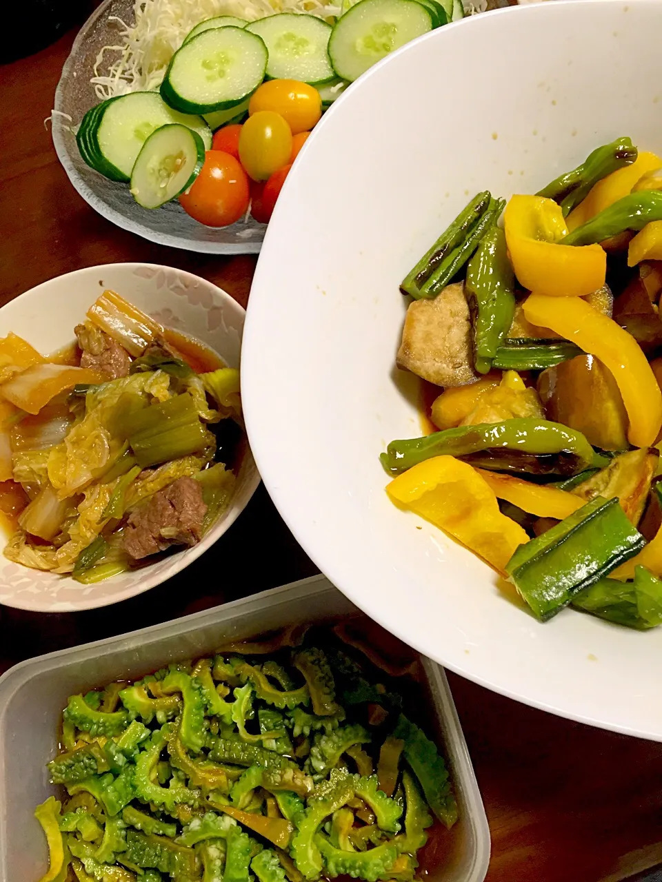 Snapdishの料理写真:夏野菜の焼き浸し   牛肉と白菜の煮物   サラダ   ゴーヤの漬物|掛谷節子さん