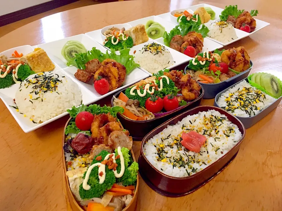 Snapdishの料理写真:みんなのお弁当&お留守番ランチ( ´ ▽ ` )ﾉ🌸|ふみぃさん