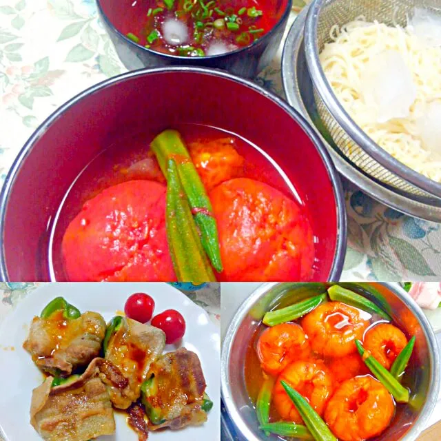 チーズたっぷり肉巻きピーマン＆おだしトマト🍅そうめん|うたかた。さん