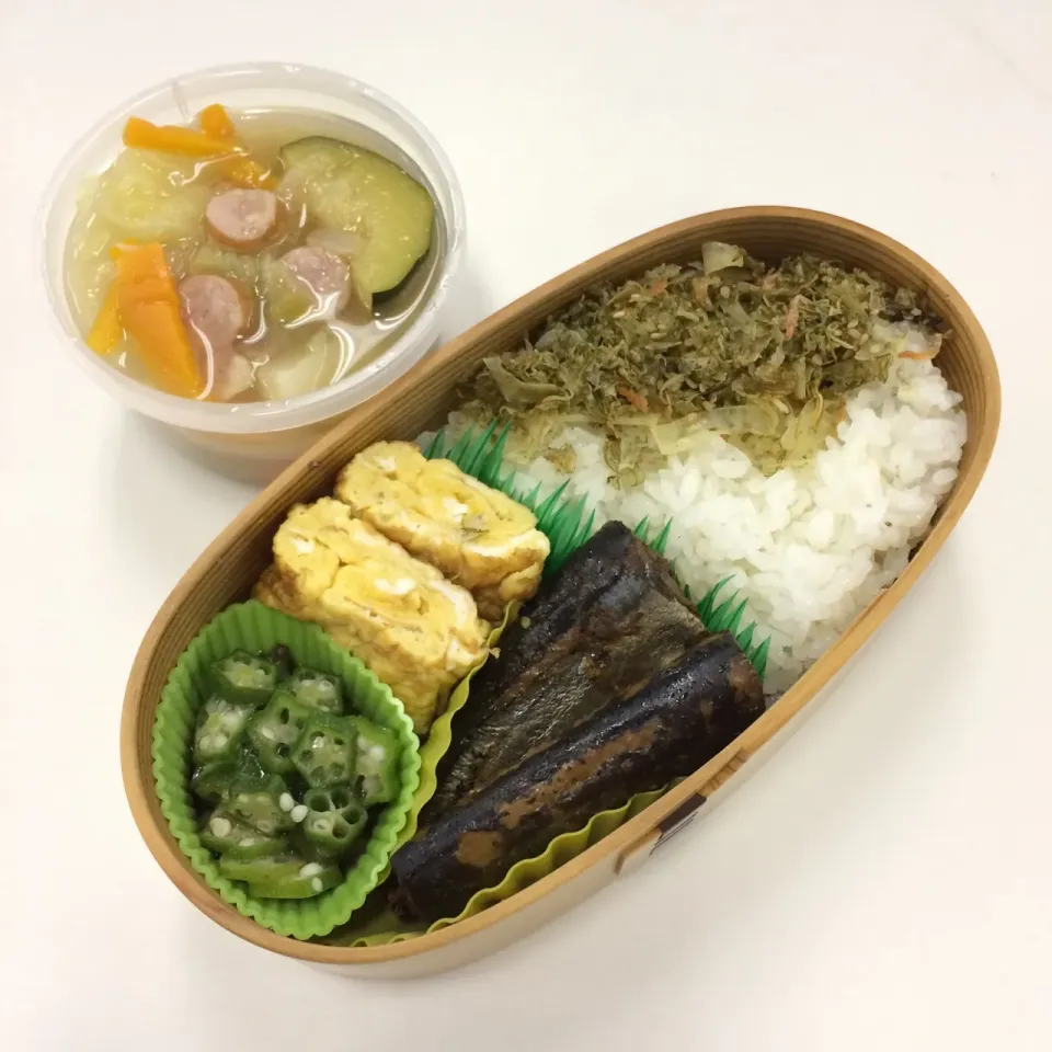 弁当（サンマ生姜煮、玉子焼き、オクラ、イカ昆布、ズッキーニ入り野菜スープ）|SasaMasa213さん