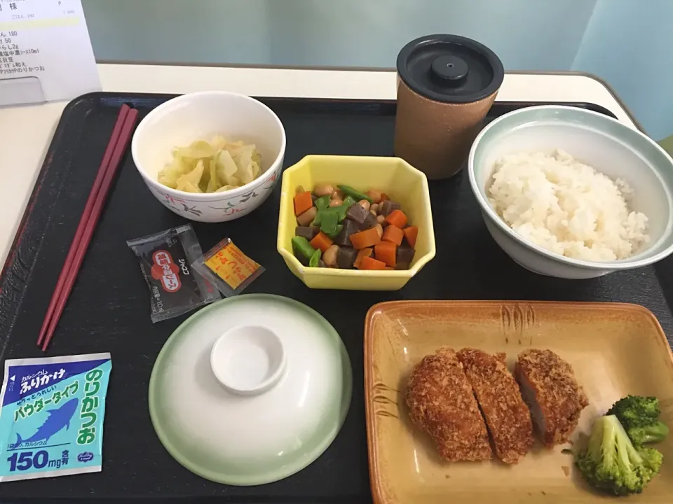 Snapdishの料理写真:#入院飯 
5日目 晩飯
ごはん
トンカツ
辛子
減塩中濃ソース
五目豆
ゴマだれ和え (ゴマなし)
ふりかけ のりカツオ|kubosovさん