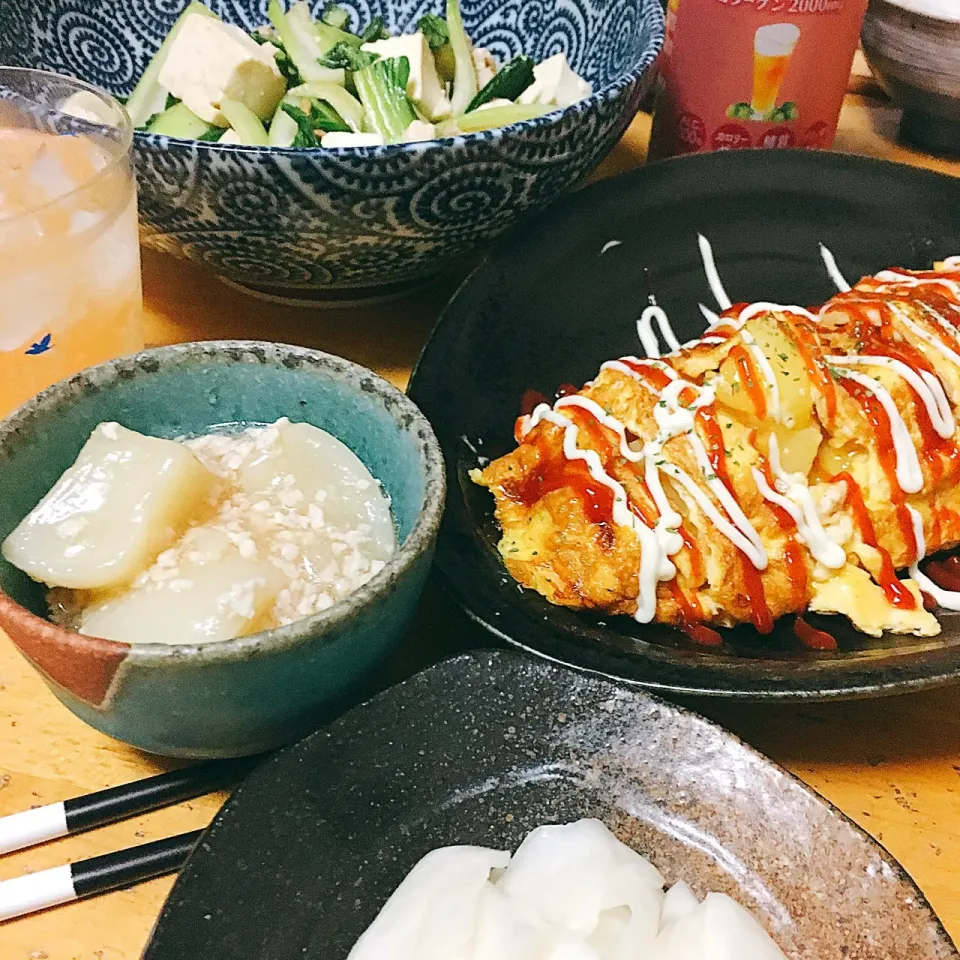 かぶのそぼろ餡かけ ポテトオムレツ チンゲン菜と豆腐のチャンプルー かぶの浅漬け|momo31omomさん