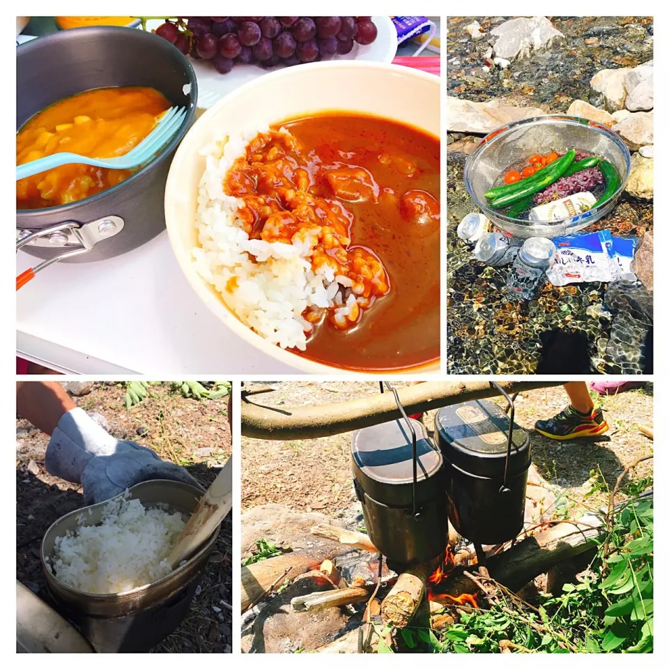 キャンプ飯②飯盒炊爨でカレー♪川で冷やしたお野菜や果物と一緒に😋|YummyKさん