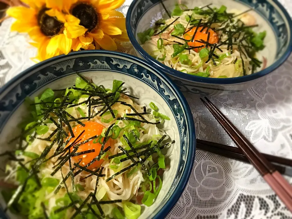 ミツカンさんの釜玉うどんタレで釜玉素麺💓|noeさん