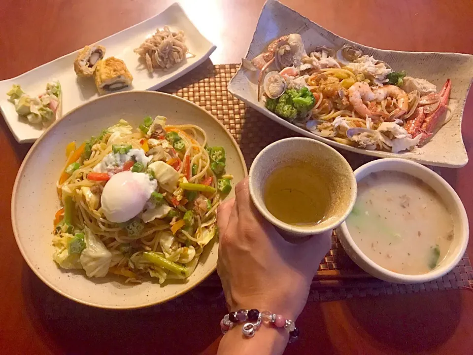 Snapdishの料理写真:Today's Dinner🍴ｱﾝﾃｨﾊﾟｽﾄ ﾐｽﾄ･きのこの味噌ﾎﾟﾀｰｼﾞｭ･ﾊﾟｽﾀ2種<ﾍﾟｽｶﾄｰﾚ･ﾂﾅと野菜>|🌈Ami🍻さん