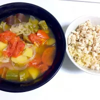 ヘルシー過ぎる野菜スープとタンパク質そぼろ丼|なみさん