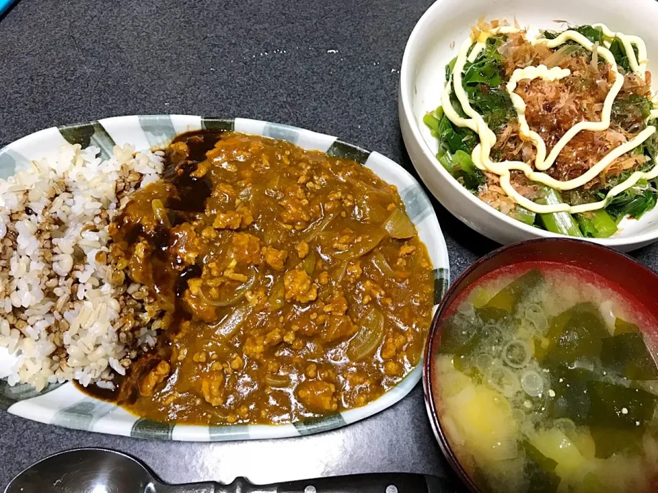 Snapdishの料理写真:もち麦飯挽肉カレーライス、ワカメじゃがネギ味噌汁、ツルムラサキ(おかかマヨ醤油で)|ms903さん