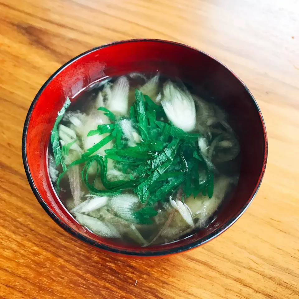 液みそ料亭の味で ミョウガとシソのお味噌汁|ふうりんさん