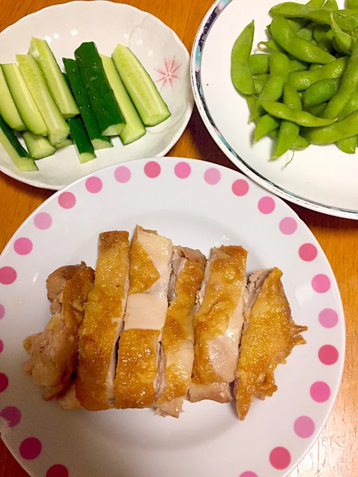 #照り焼きチキン
#枝豆
#きゅうりスティック|みかんさん