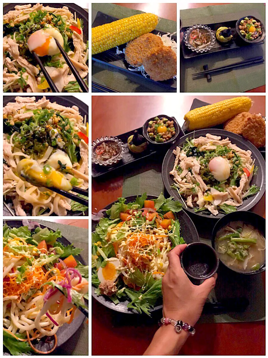 Snapdishの料理写真:Today's Dinner🍴前菜･蒸しとうもろこし･ｺﾛｯｹ<お惣菜>･ぶっかけうどん2種<蒸し鶏と海藻&ﾍﾞｼﾞﾇｰﾄﾞﾙdeｻﾗﾀﾞ>･お野菜たっぷりお味噌汁|🌈Ami🍻さん