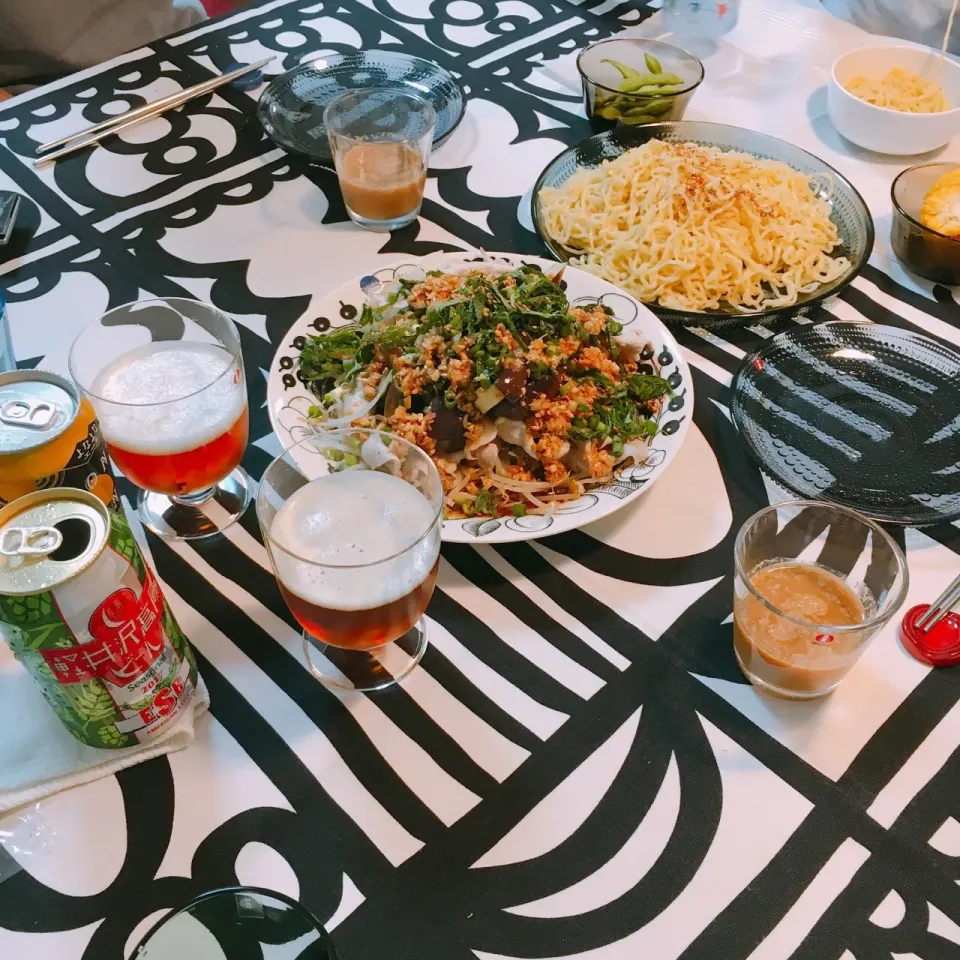 茄子とモヤシと豚しゃぶの香味ダレとつけ麺とビールで夏ごはん🍻|gintanさん