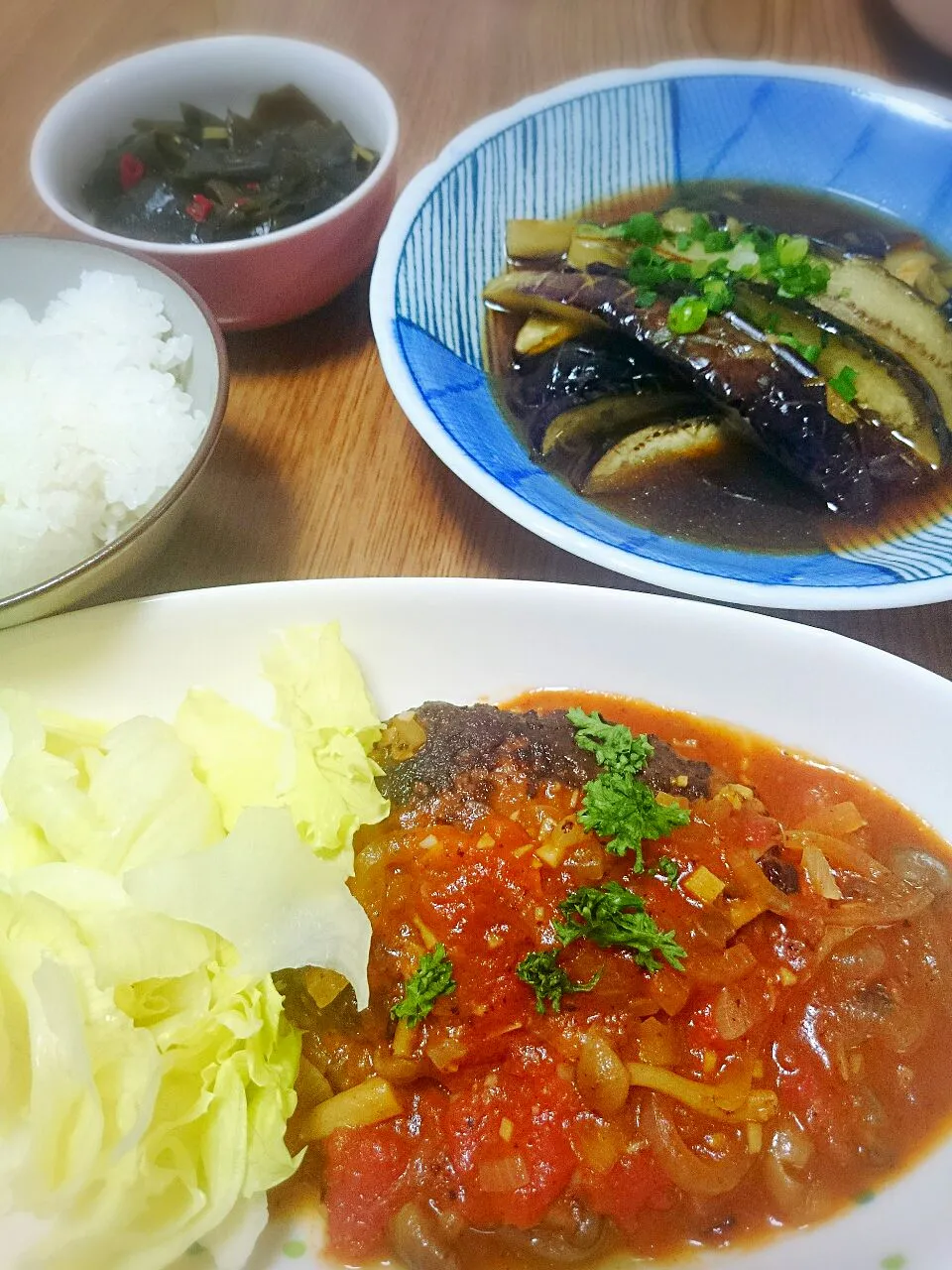 ・煮込みハンバーグ
・ナスの煮びたし
・ワカメの佃煮|ようかんさん