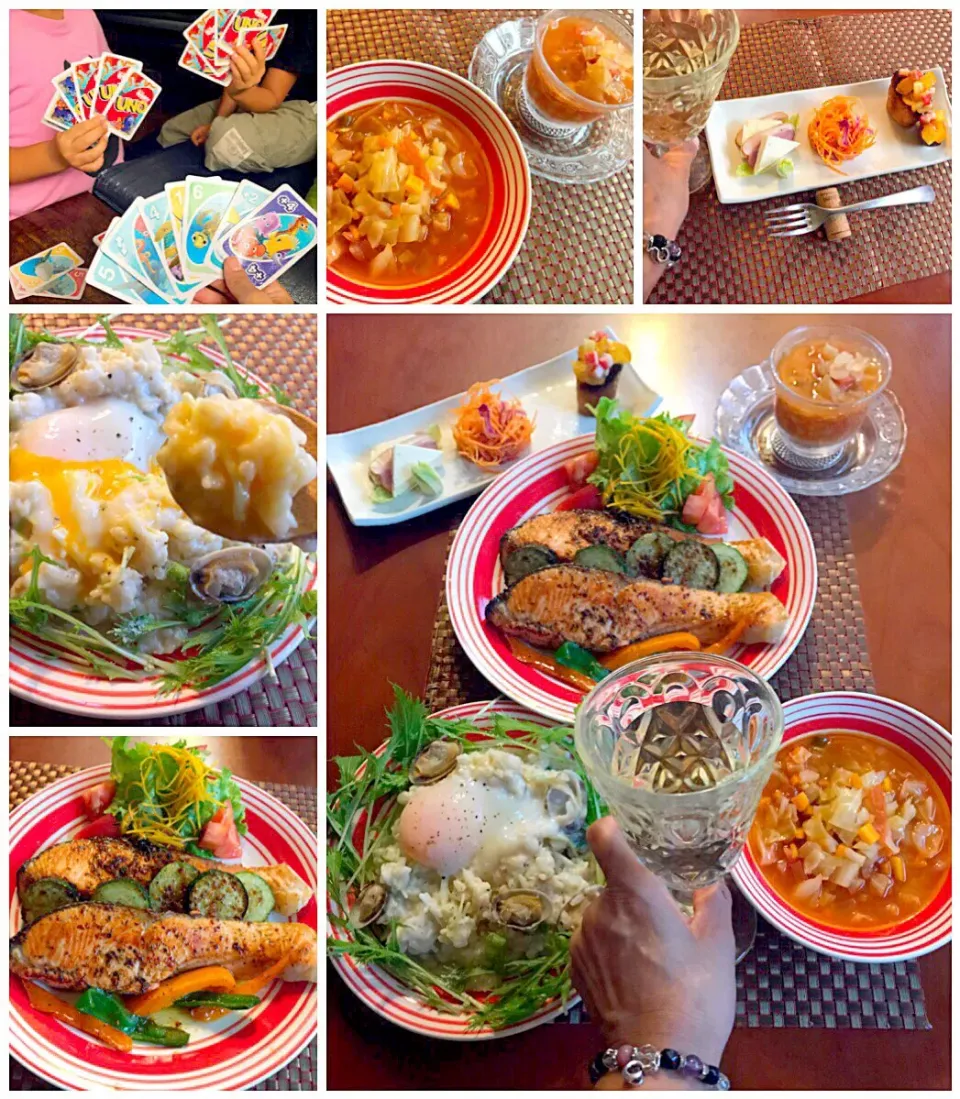 Today's Italian Dinner🍴ｱﾝﾃｨﾊﾟｽﾄ ﾐｽﾄ･ﾐﾈｽﾄﾛｰﾈ･あさりのｸﾘｰﾑﾘｿﾞｯﾄ･ｻｰﾓﾝのﾊﾞｼﾞﾙｵｲﾙ焼き|🌈Ami🍻さん