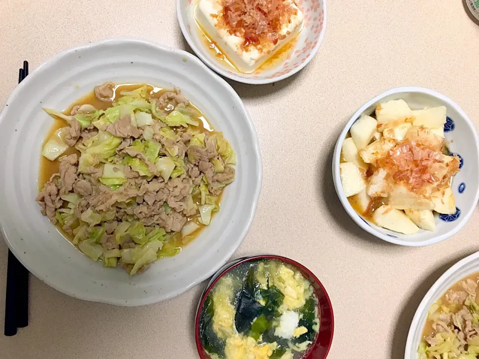 豚とキャベツの味噌炒め
長芋のポン酢和え
冷奴
わかめスープ|おっくんさん