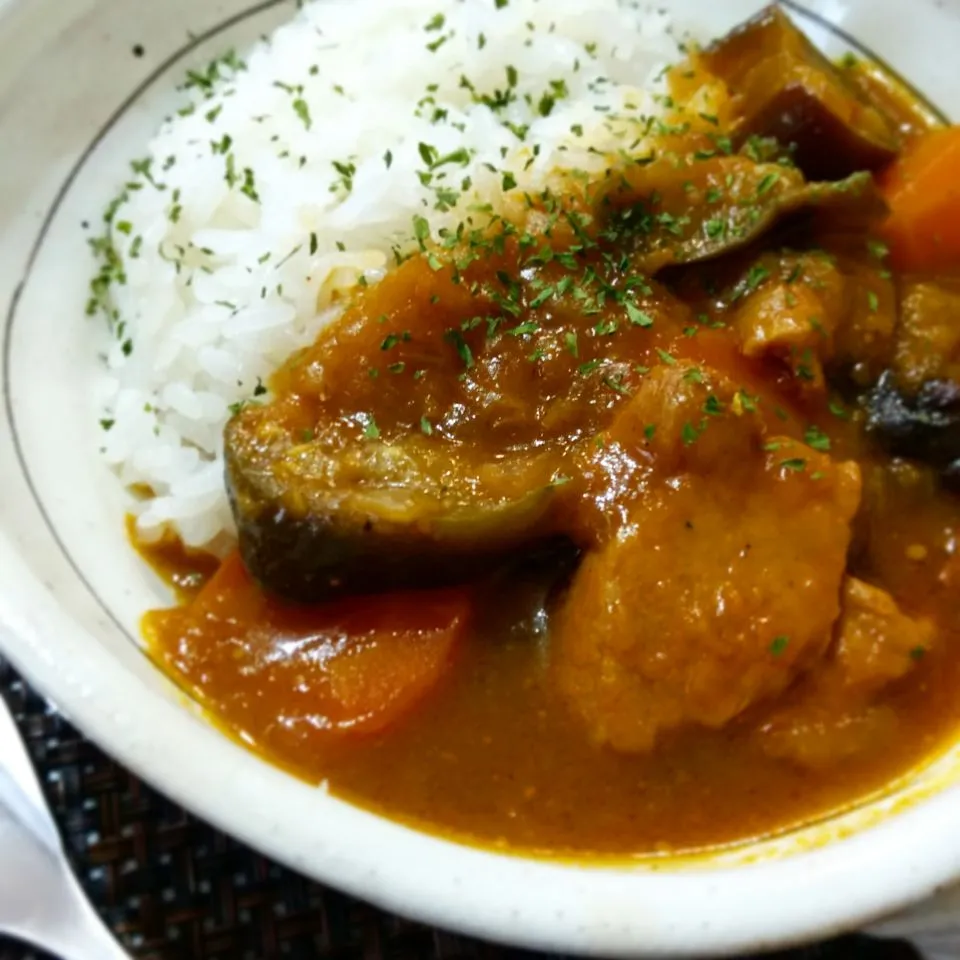 茄子と豚肉でカレーʕ•ٹ•ʔ
 #家カレー #茄子 #豚肉 #冷蔵庫整理 #まかないカレー #ルー無し #クミン #ガラムマサラ #コリアンダー #ターメリック #カイエンペッパー|kossyossさん