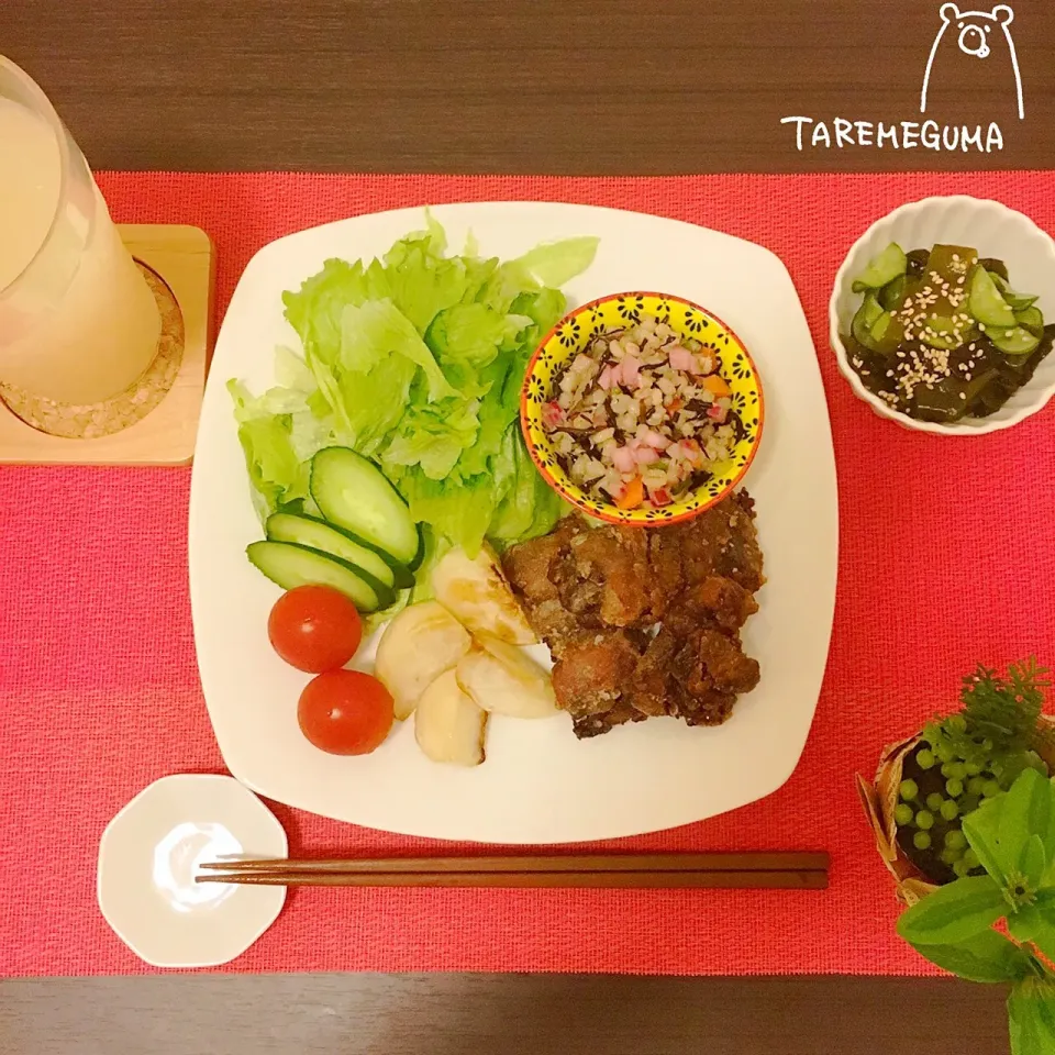 ＊鮪竜田揚げ
＊もち麦サラダ
＊カブソテー
＊ワカメの酢の物|たれめぐま◡̈✩*さん