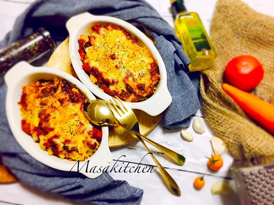 Macaroni au bolognese chicken gratin|Masakiさん