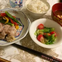 Snapdishの料理写真:豚ロースステーキ 胡麻マヨネーズソース
夏野菜ソテー
サラダ
ネギと豆腐の味噌汁|まりさん