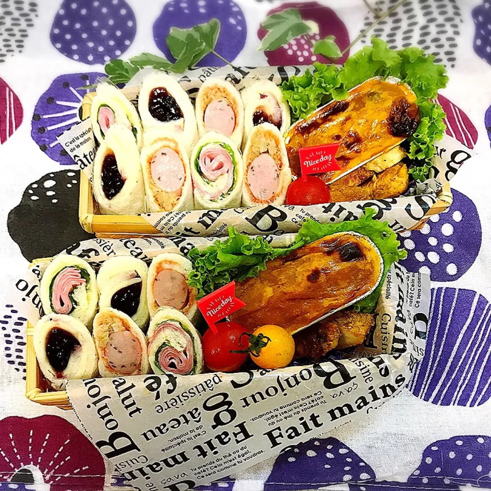 Snapdishの料理写真:#くるくるサンドイッチ  #スィートかぼちゃ #タンドリーチキン #お弁当|まーまさん