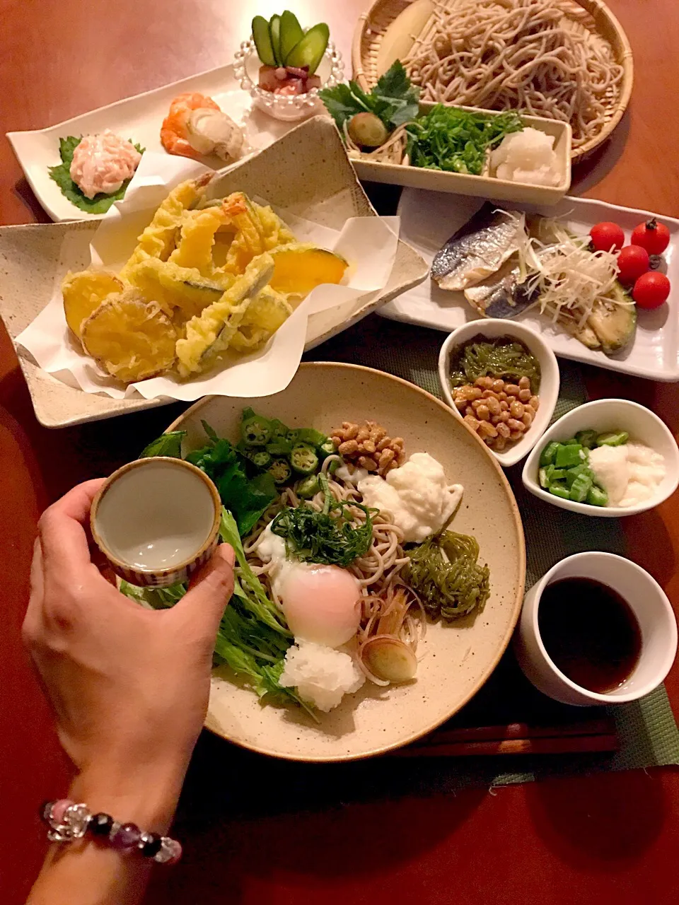 Today's Dinner🍴前菜･鯵と茄子の塩焼き･ねばx2&さっぱり薬味蕎麦･お惣菜天麩羅<南瓜･さつまいも･ﾋﾟｰﾏﾝ･茄子･海老>|🌈Ami🍻さん