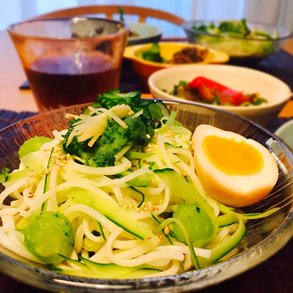 トリプルキュウリ(冷凍すりおろし、塩もみ、麺風)のゴマだれ半田素麺|むぎこさん