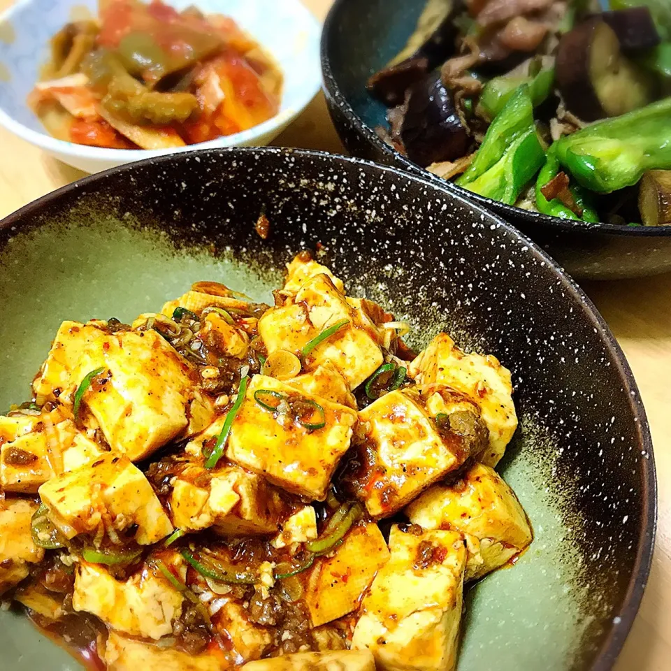 今日の晩御飯
麻婆豆腐
茄子🍆とピーマンのポン酢炒め
残り物のラタトゥイユ|たまこっこさん