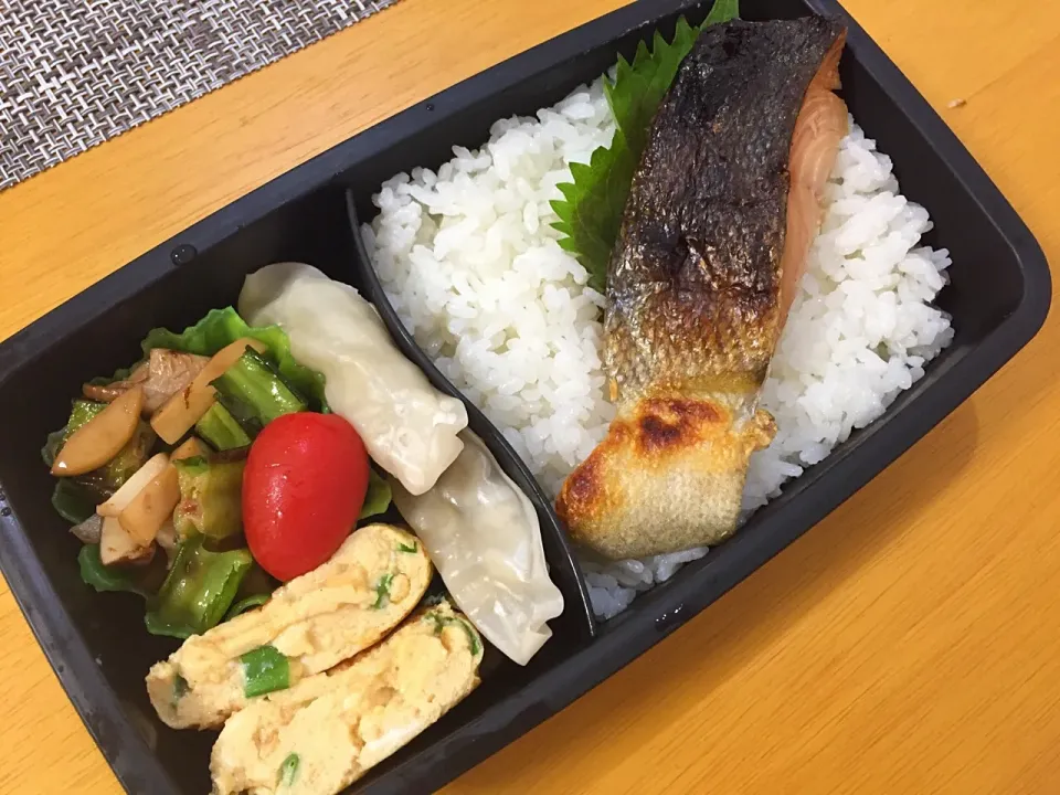 Snapdishの料理写真:🌸鮭
🌸餃子
🌸エリンギとうりずん豆のバタポン炒め
🌸ネギ入りだし巻き卵
🌸プチトマト|優花さん