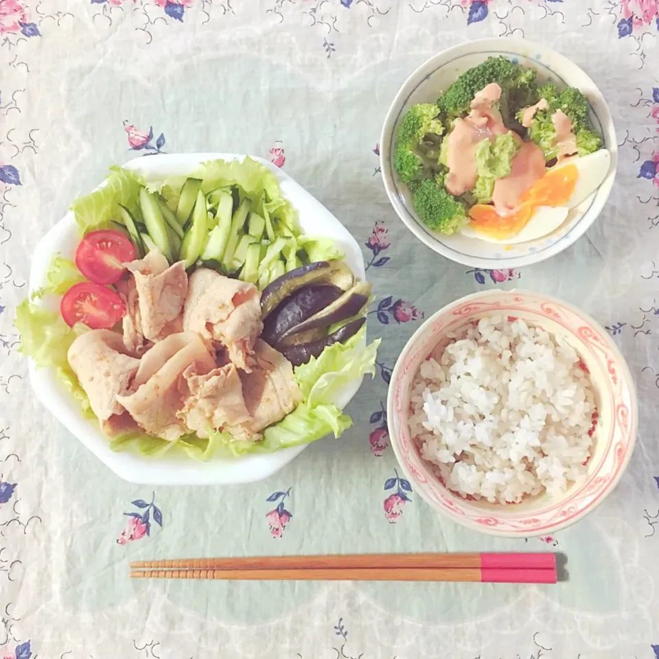 冷しゃぶごまだれ・ブロッコリーとアボカドのサラダ・もち麦ご飯🥑|⑅ まめ子 ⑅さん