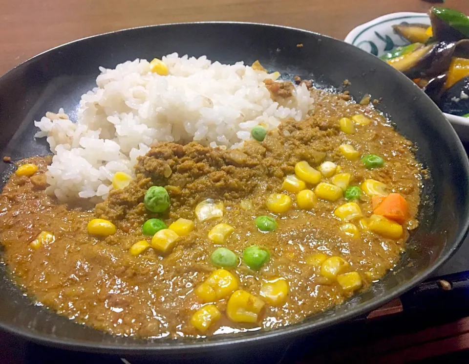 単身赴任の晩ごはん キーマカレー（レトルトにミックスベジタブル追加） 夏野菜の塩麹揉み|ぽんたさん