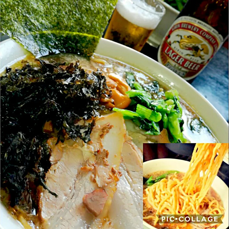 Snapdishの料理写真:醤油ラーメン@万太郎　長岡　新潟
やっぱり美味しい杵うちめん💕
ビールがラガーだし、餃子も旨い🍴😆✨|アイさん