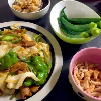 本日のおつまみ
こてっちゃん／焼き茄子のおろし和え／長オクラの煮浸し／鶏皮ポン酢|miwasaさん