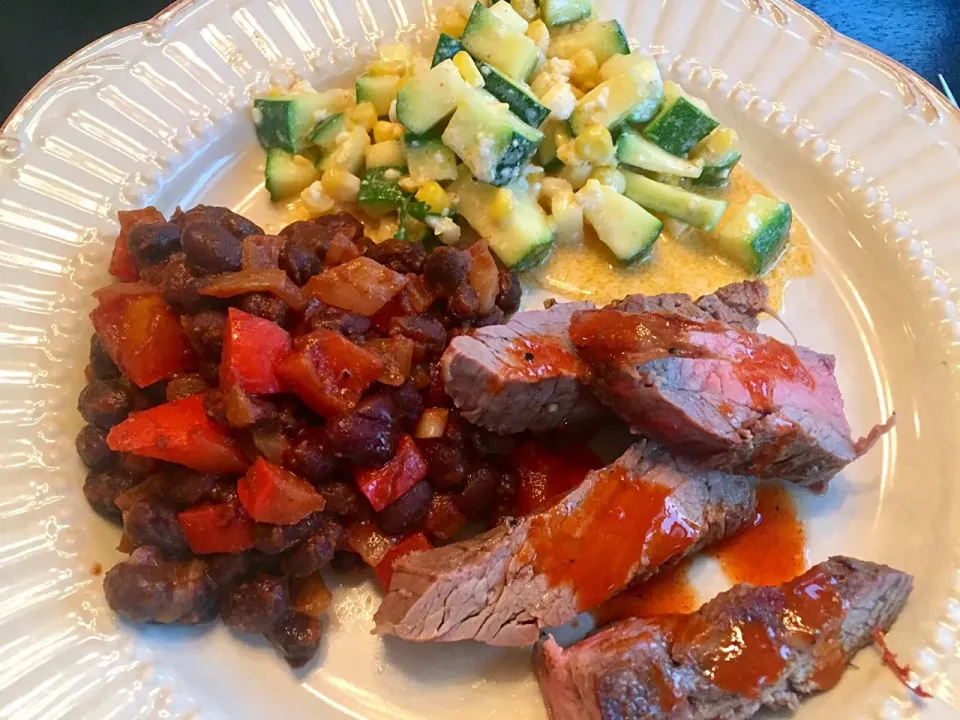 Coriander Crusted Flank Steak, Black Beans and Elote-style Zuchinni|K Goodnessさん