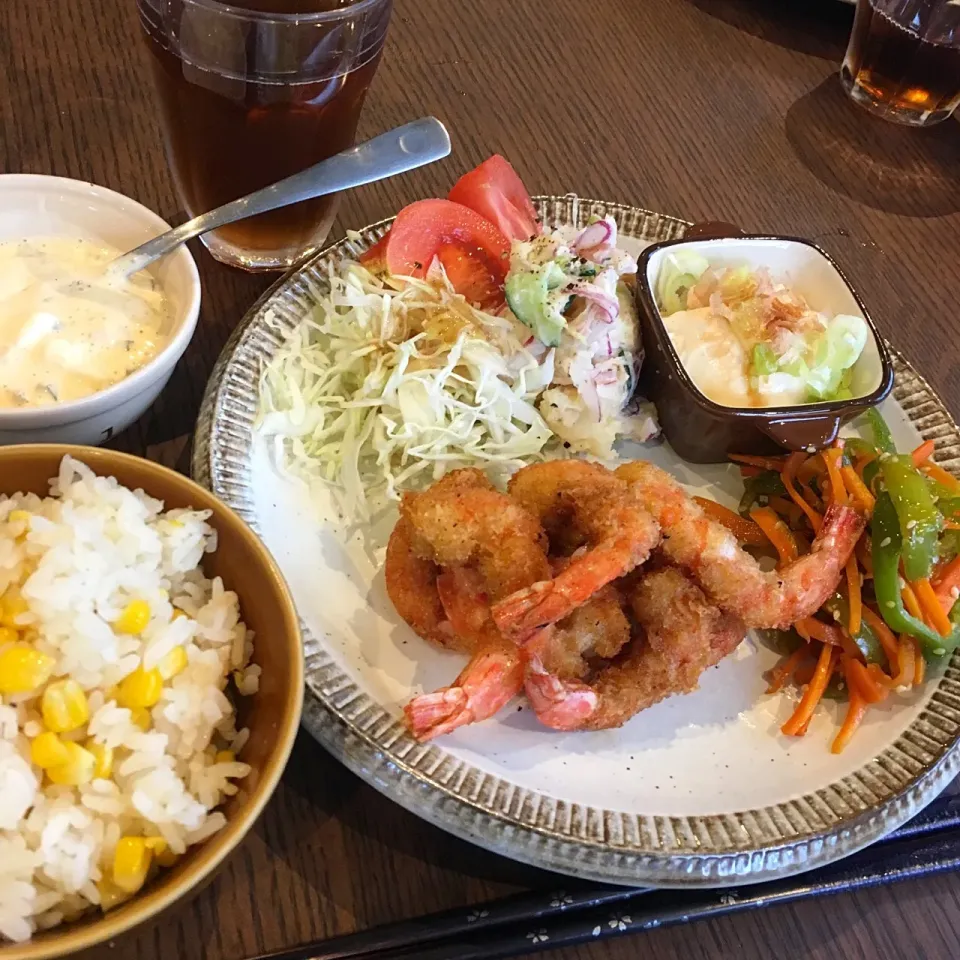 Snapdishの料理写真:晩ご飯 #海老フライ#人参のきんぴら#ポテトサラダ#冷奴#とうもろこしご飯|natsu727さん