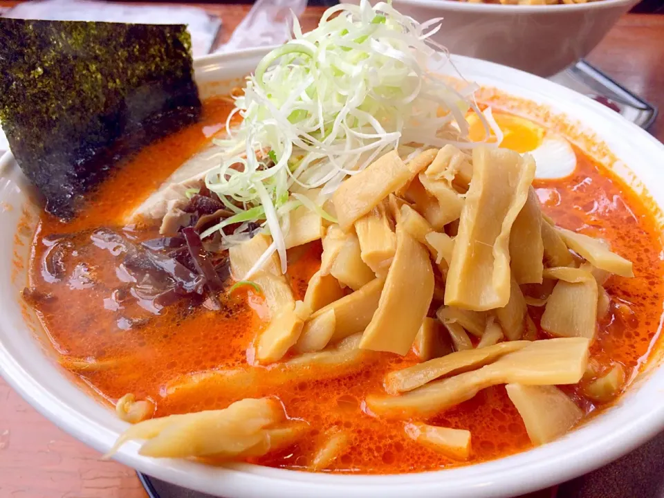 函館帰省中。ラーメンまつ笠 辛味噌ラーメン中辛！ もやしとメンマを追加でトッピング|NOBUちえさん