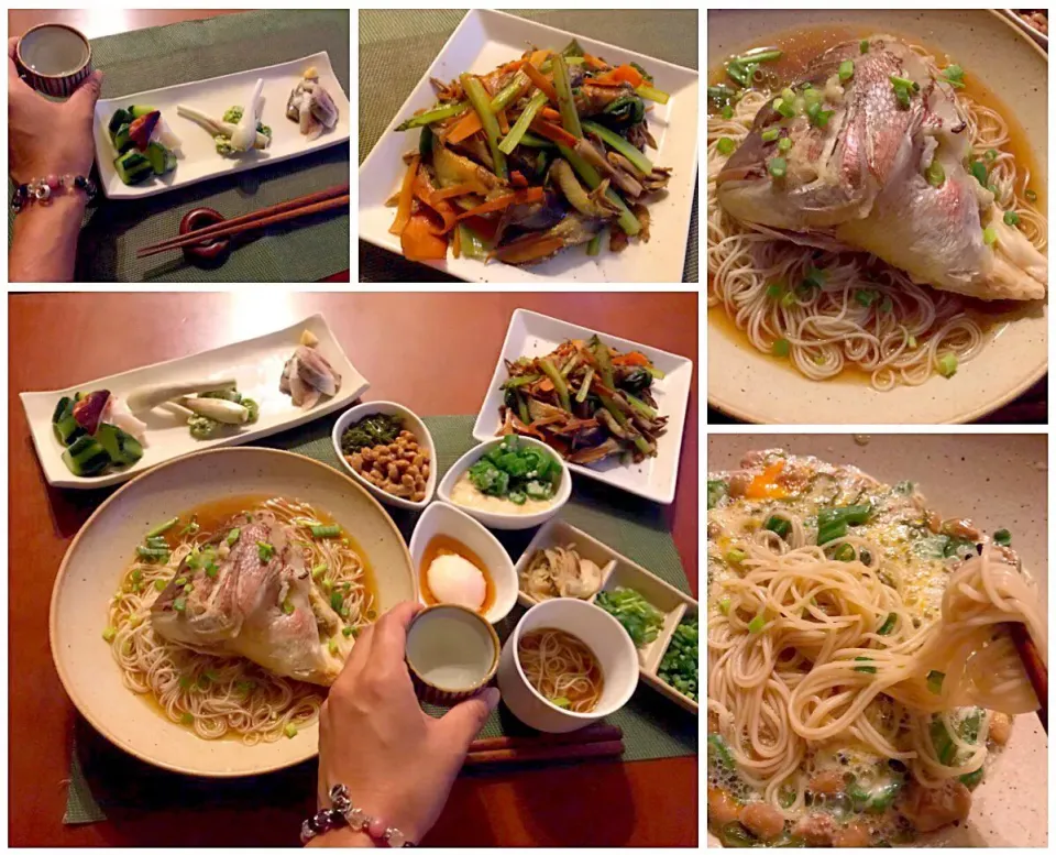 Today's Dinner🍴前菜･舞茸とお野菜のﾊﾞﾀｰ醤油炒め･鯛素麺･大和芋,ｵｸﾗ,めかぶ,納豆,温泉卵&薬味|🌈Ami🍻さん